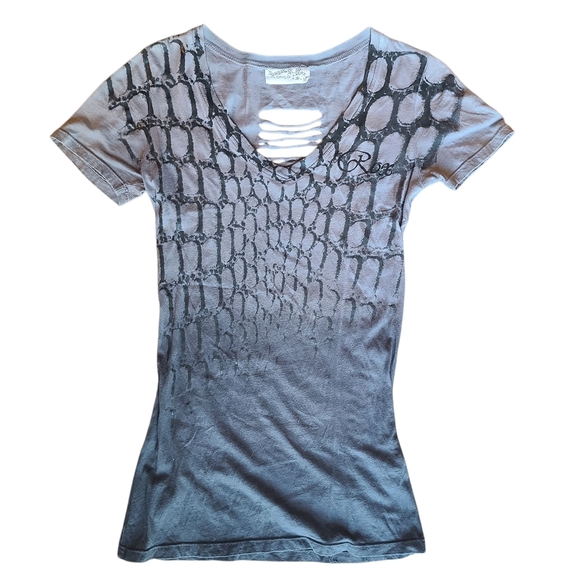 Sugar & Rox By Buckle Womens Grey Ombre Cut Out V-neck Tee Size Medium - Picture 1 of 9